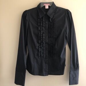NWOT Tuxedo Style Black Bib Ruffled Tailored Blouse SMALL